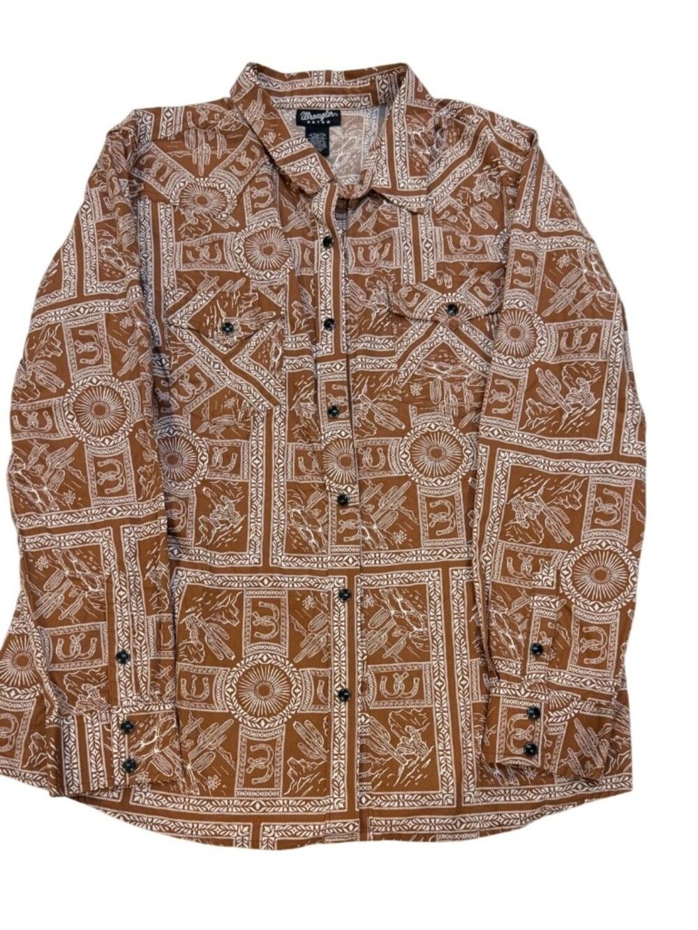 Wrangler Retro Western Shirt XL Brown White Cowboy Snap On Buttons %100 Cotton